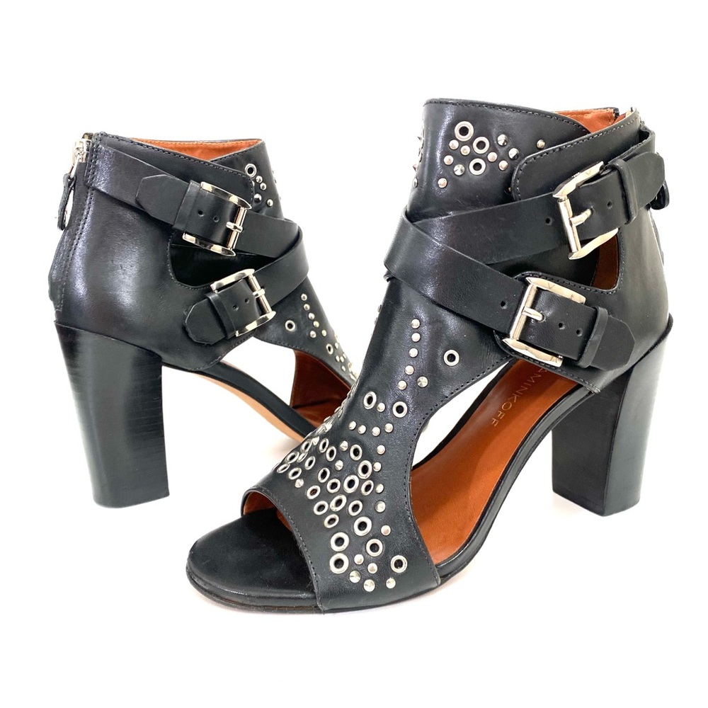 REBECCA MINKOFF Peep Toe Booties Block Heel Studded 6 M Zip Double Buckle Biker